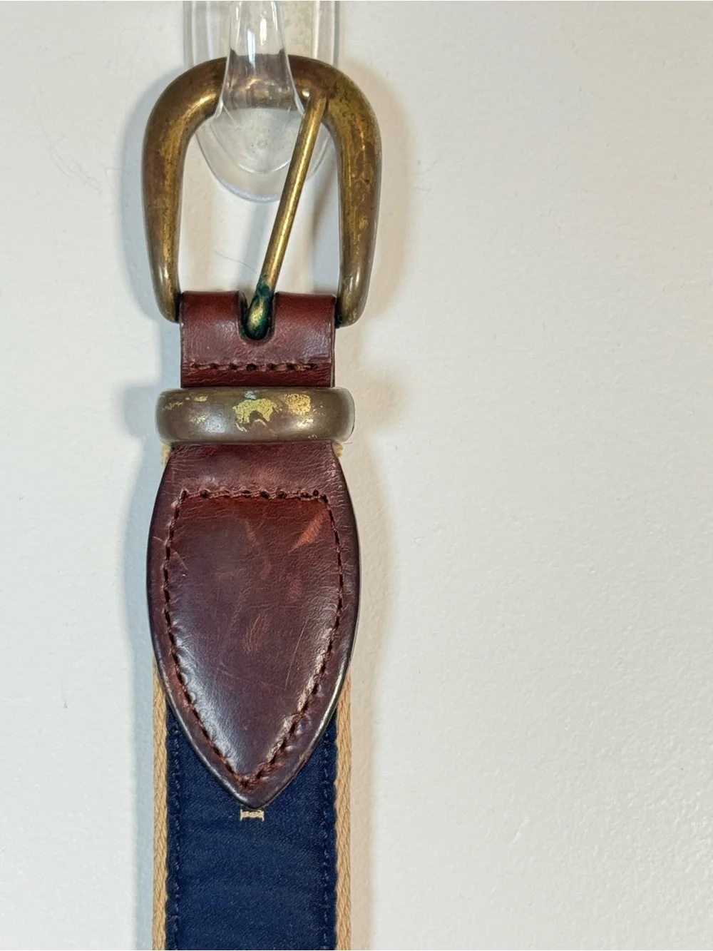 Lone Palm YRI Embroidered Surcingle Belt Navy Khaki Leather Brass Buckle 39 USA